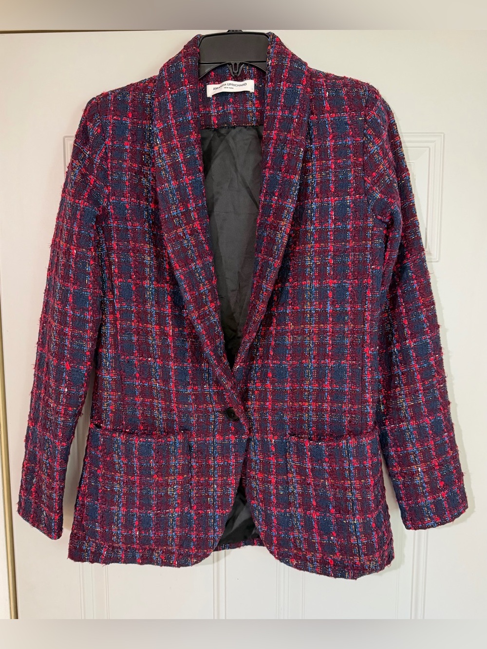 Amanda Uprichard Shawl Collar Blazer Tweed Size Small Twee Preppy Plaid Pockets